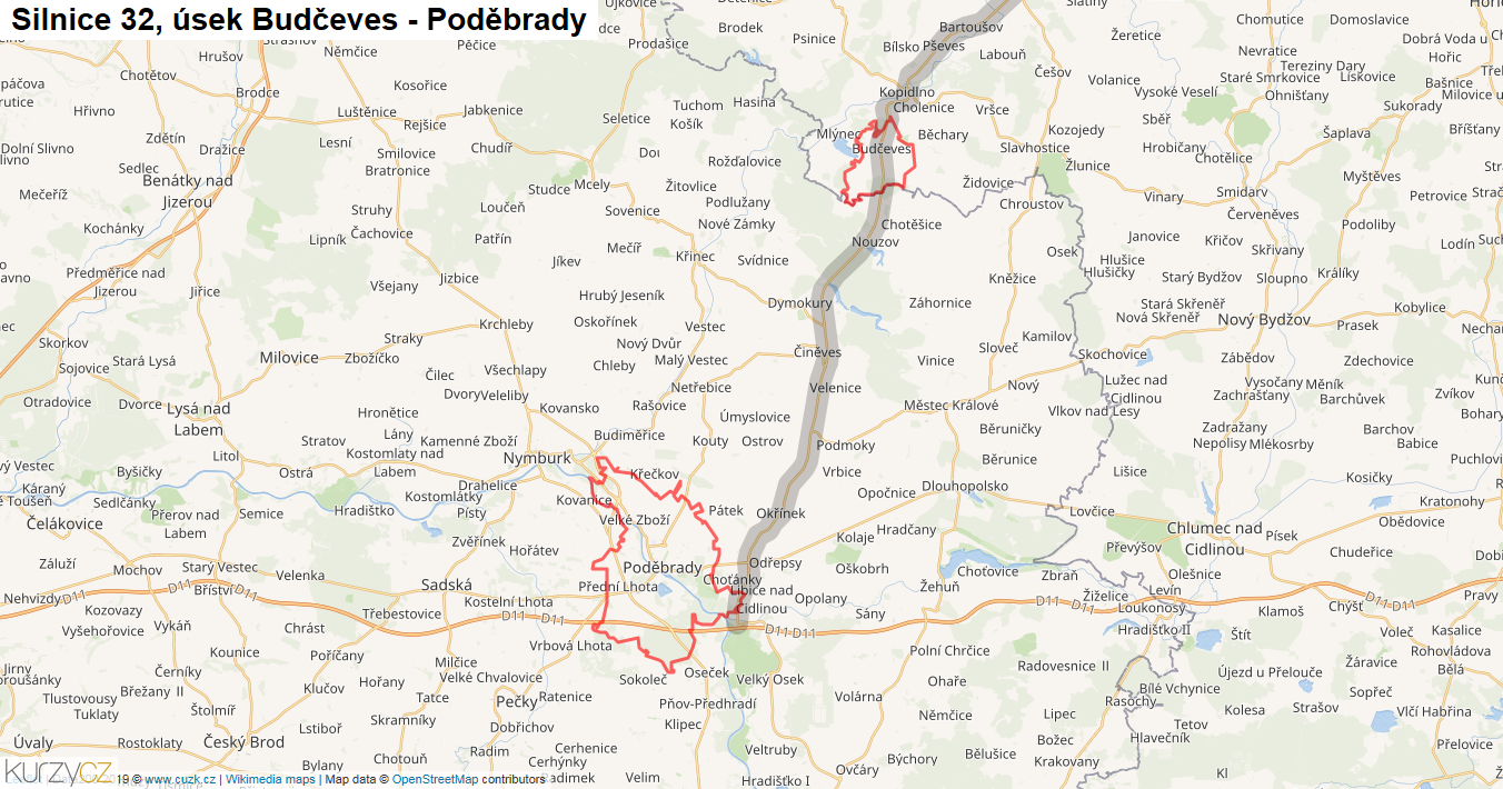 Úsek Budčeves - Poděbrady, Silnice 32 - Mapa