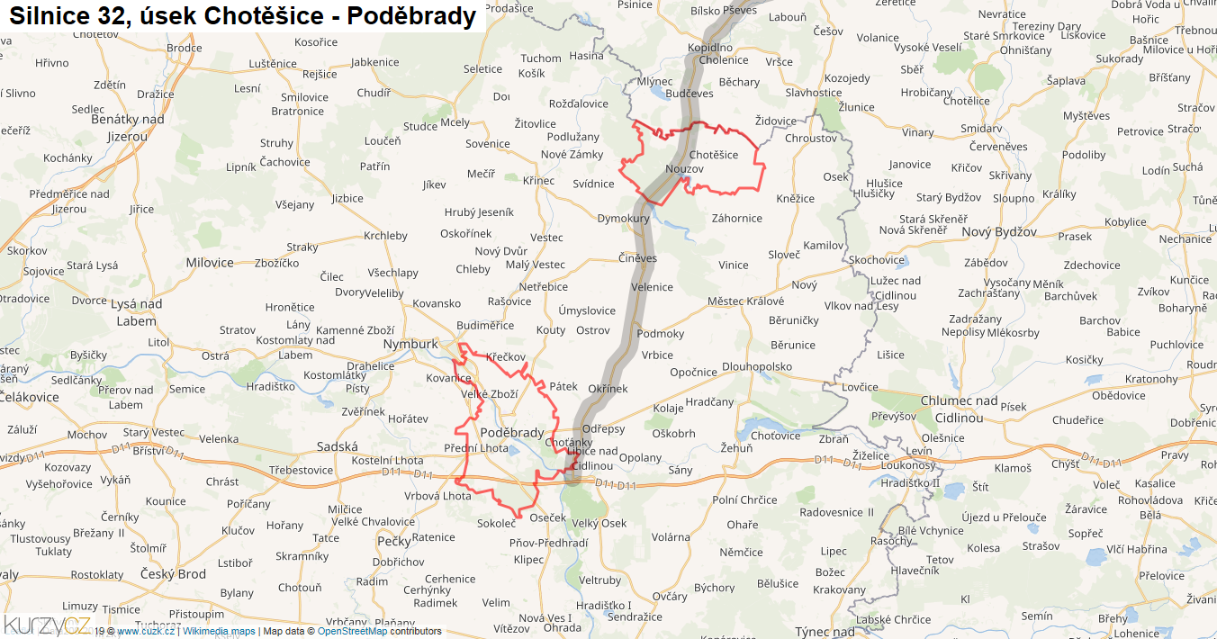 Úsek Chotěšice - Poděbrady, Silnice 32 - Mapa