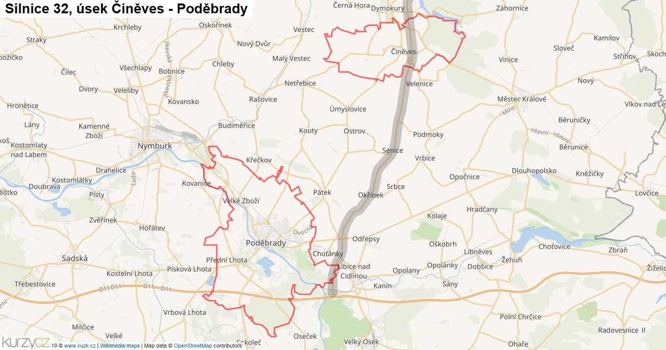 Úsek Činěves - Poděbrady, Silnice 32 - Mapa