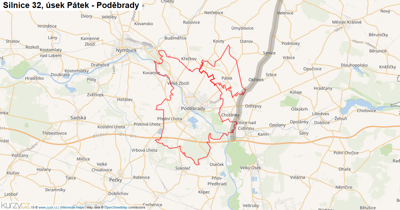 Úsek Pátek - Poděbrady, Silnice 32 - Mapa