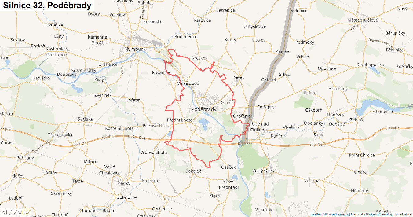 Poděbrady, Silnice 32 - Mapa