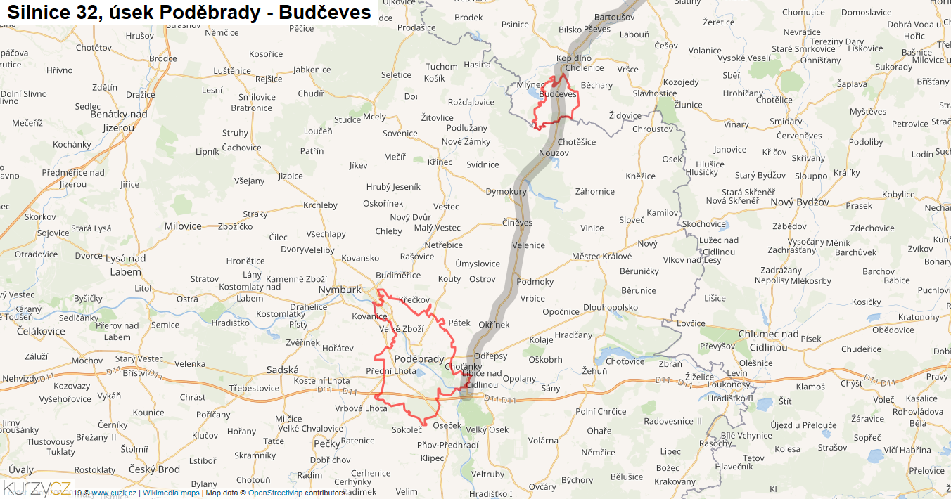 Úsek Poděbrady - Budčeves, Silnice 32 - Mapa