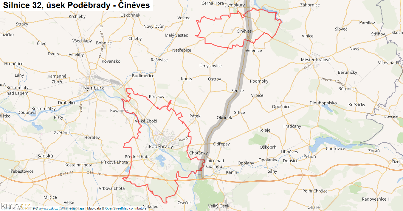 Úsek Poděbrady - Činěves, Silnice 32 - Mapa