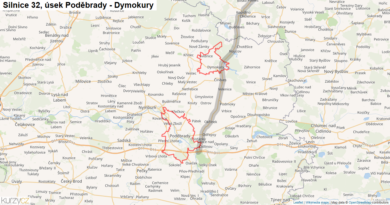 Úsek Poděbrady - Dymokury, Silnice 32 - Mapa