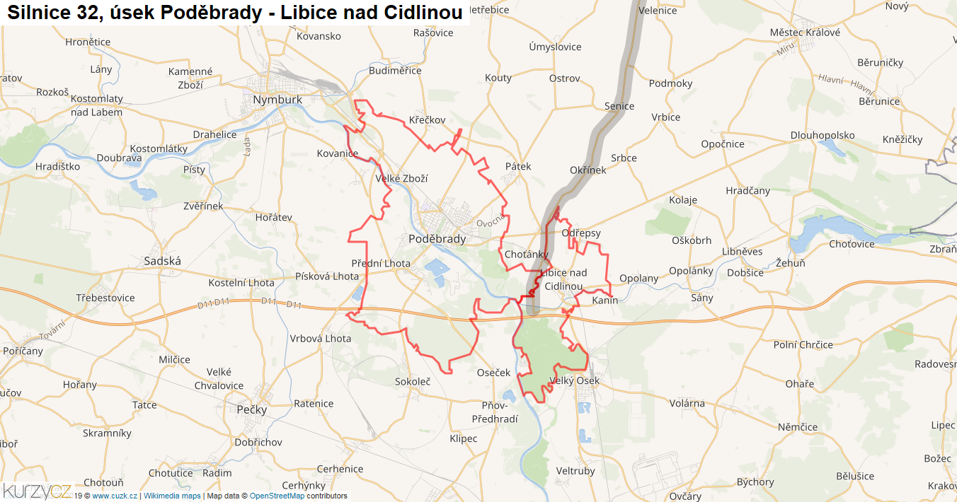 Úsek Poděbrady - Libice nad Cidlinou, Silnice 32 - Mapa