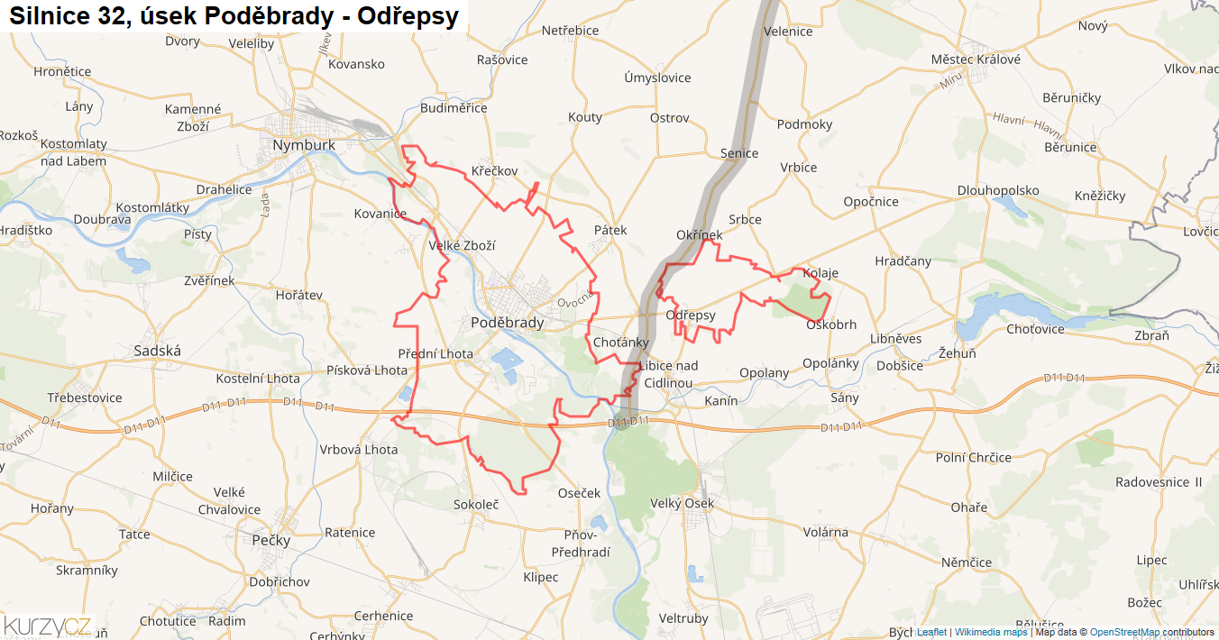 Úsek Poděbrady - Odřepsy, Silnice 32 - Mapa