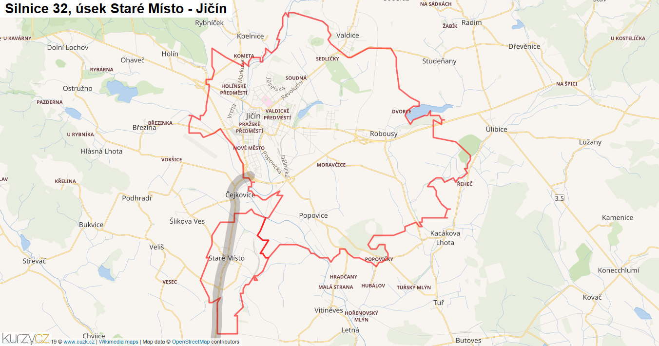 Úsek Staré Místo - Jičín, Silnice 32 - Mapa