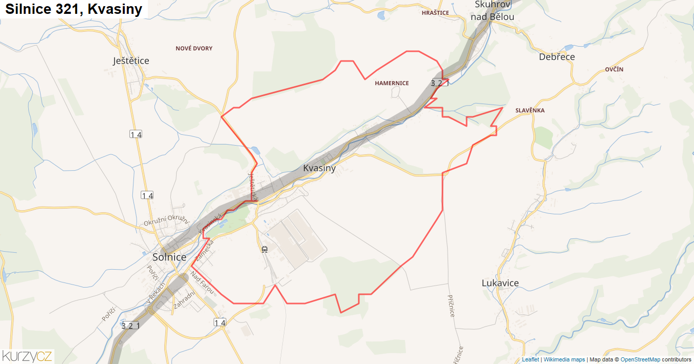 Kvasiny, Silnice 321 - Mapa