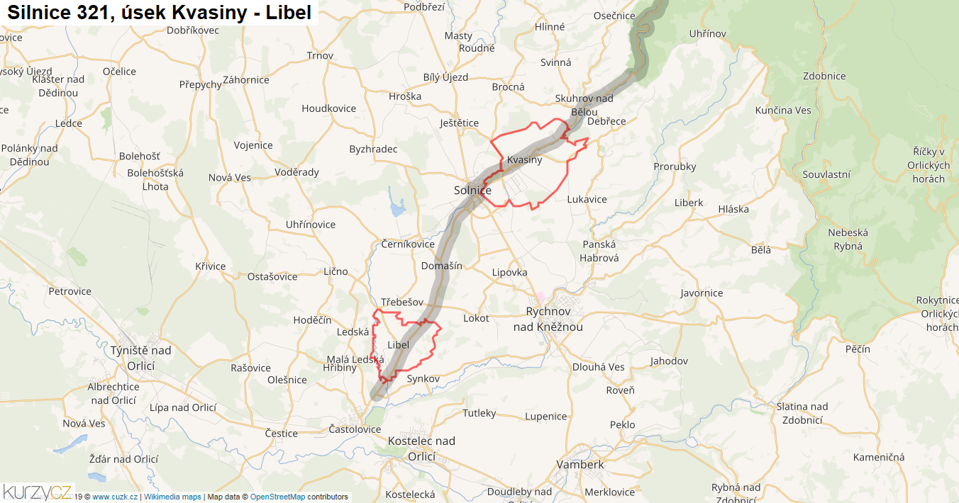 Úsek Kvasiny - Libel, Silnice 321 - Mapa