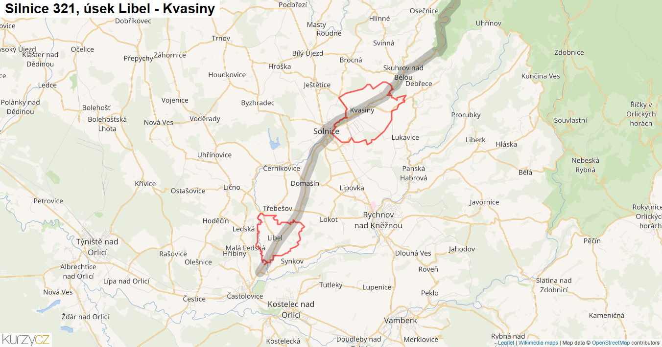 Úsek Libel - Kvasiny, Silnice 321 - Mapa