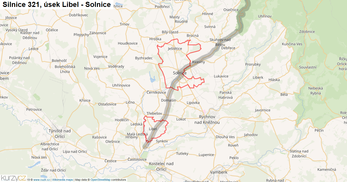 Úsek Libel - Solnice, Silnice 321 - Mapa