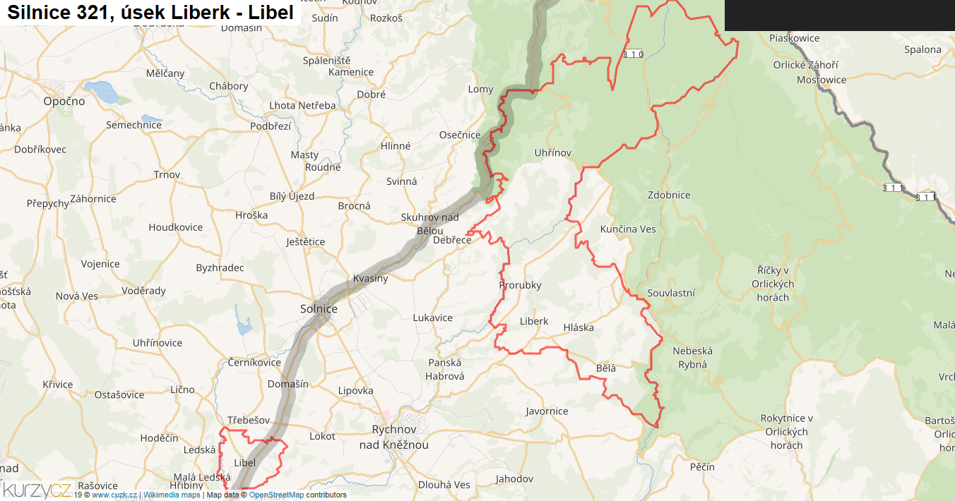 Úsek Liberk - Libel, Silnice 321 - Mapa