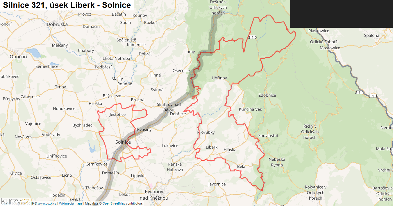 Úsek Liberk - Solnice, Silnice 321 - Mapa