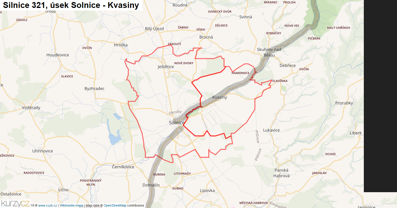 Úsek Solnice - Kvasiny, Silnice 321 - Mapa