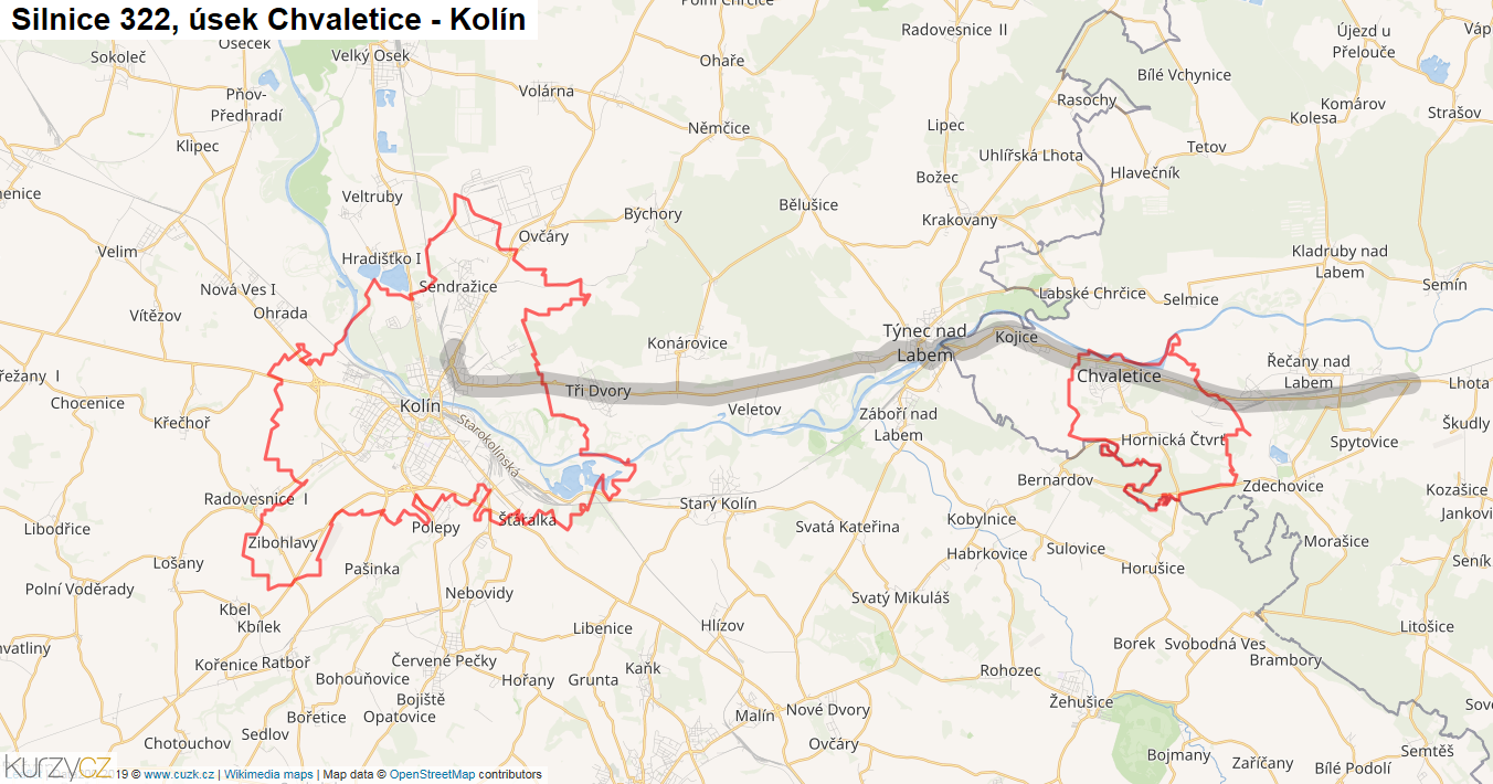 Úsek Chvaletice - Kolín, Silnice 322 - Mapa