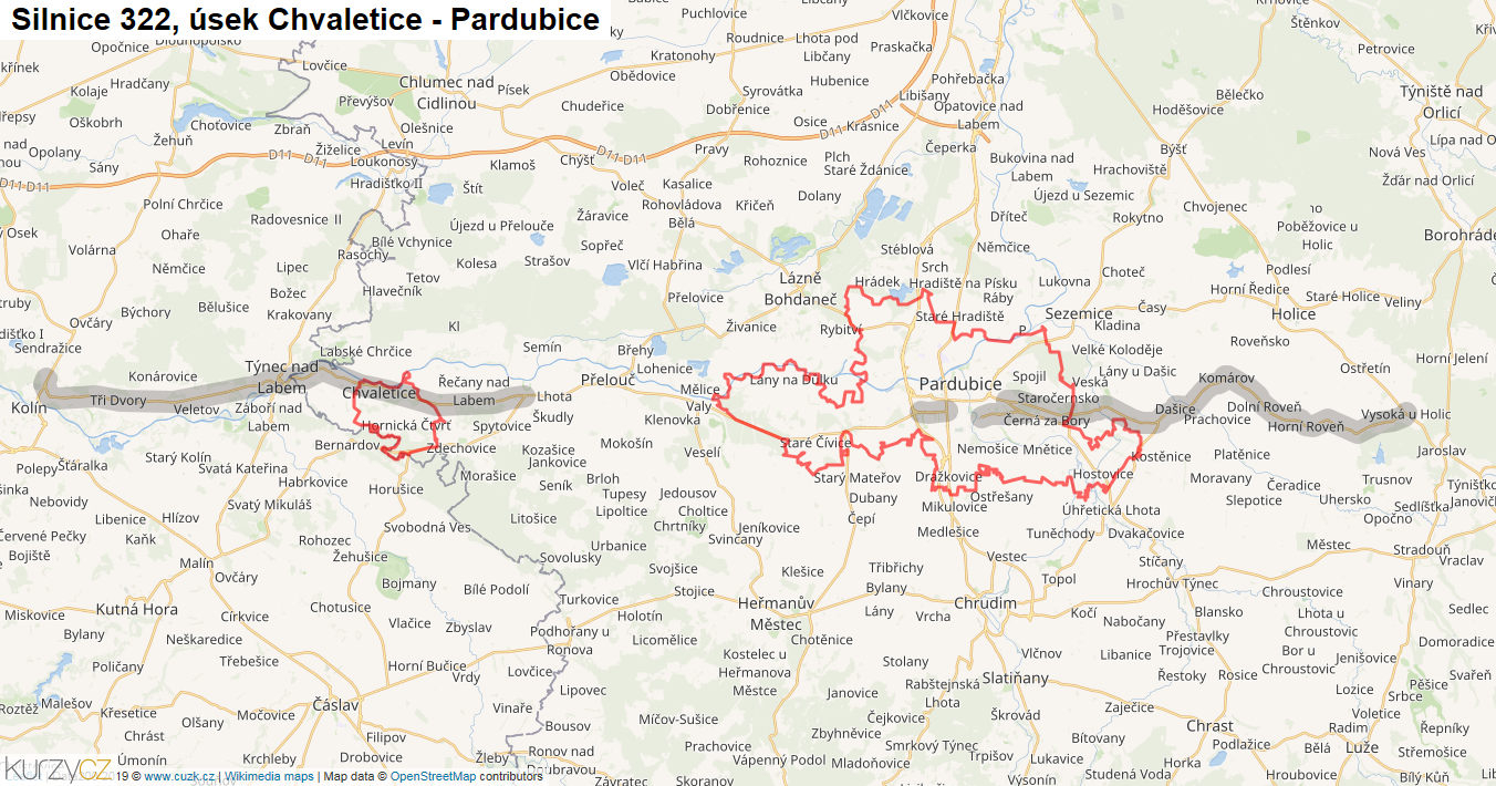 Úsek Chvaletice - Pardubice, Silnice 322 - Mapa