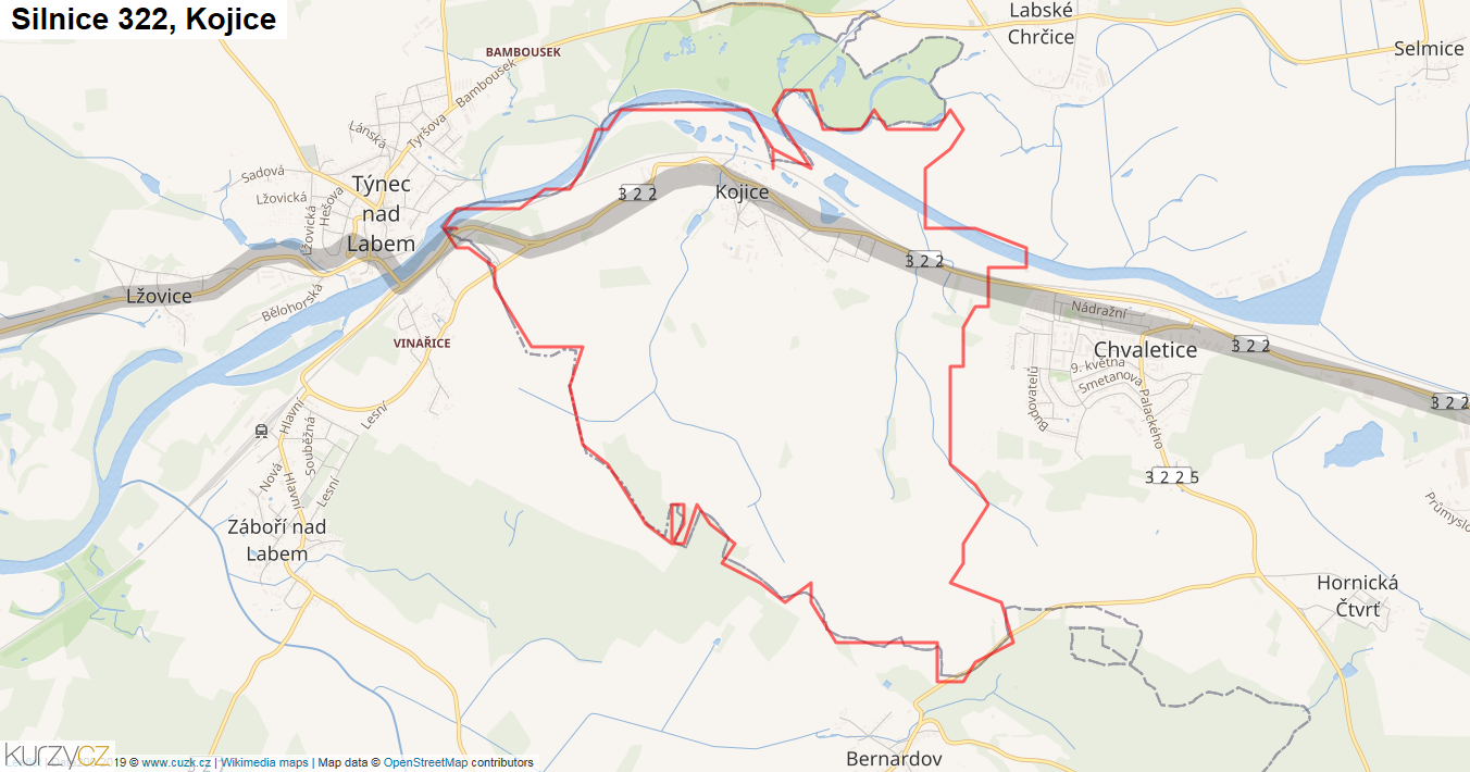 Kojice, Silnice 322 - Mapa