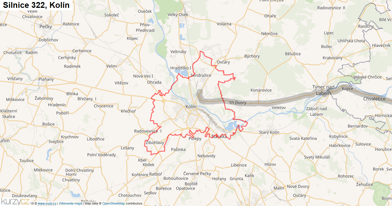 Kolín, Silnice 322 - Mapa