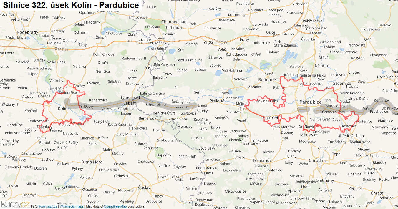 Úsek Kolín - Pardubice, Silnice 322 - Mapa
