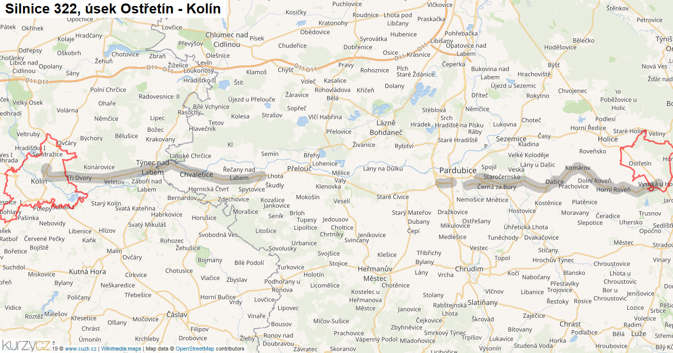 Úsek Ostřetín - Kolín, Silnice 322 - Mapa