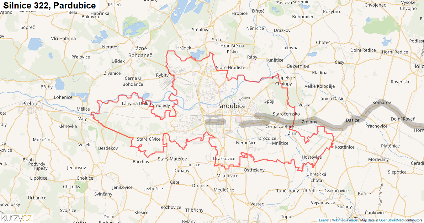 Pardubice, Silnice 322 - Mapa