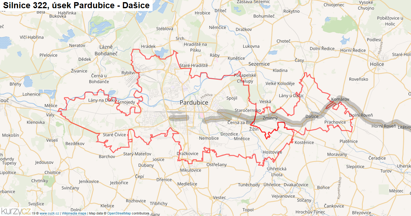 Úsek Pardubice - Dašice, Silnice 322 - Mapa