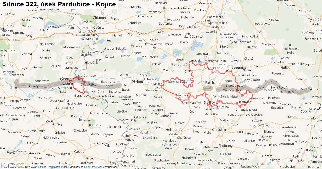 Úsek Pardubice - Kojice, Silnice 322 - Mapa