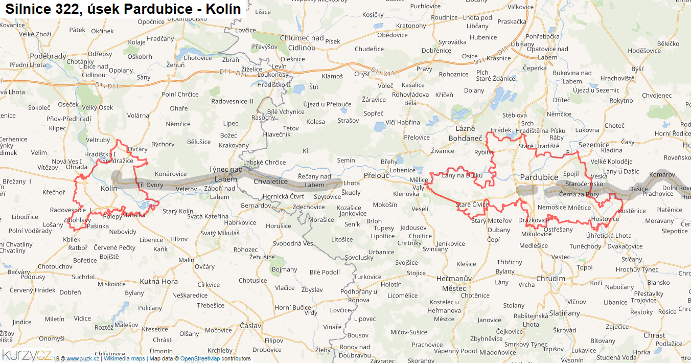 Úsek Pardubice - Kolín, Silnice 322 - Mapa