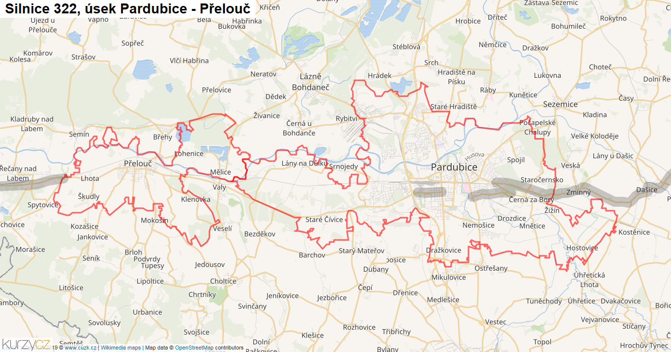 Úsek Pardubice - Přelouč, Silnice 322 - Mapa