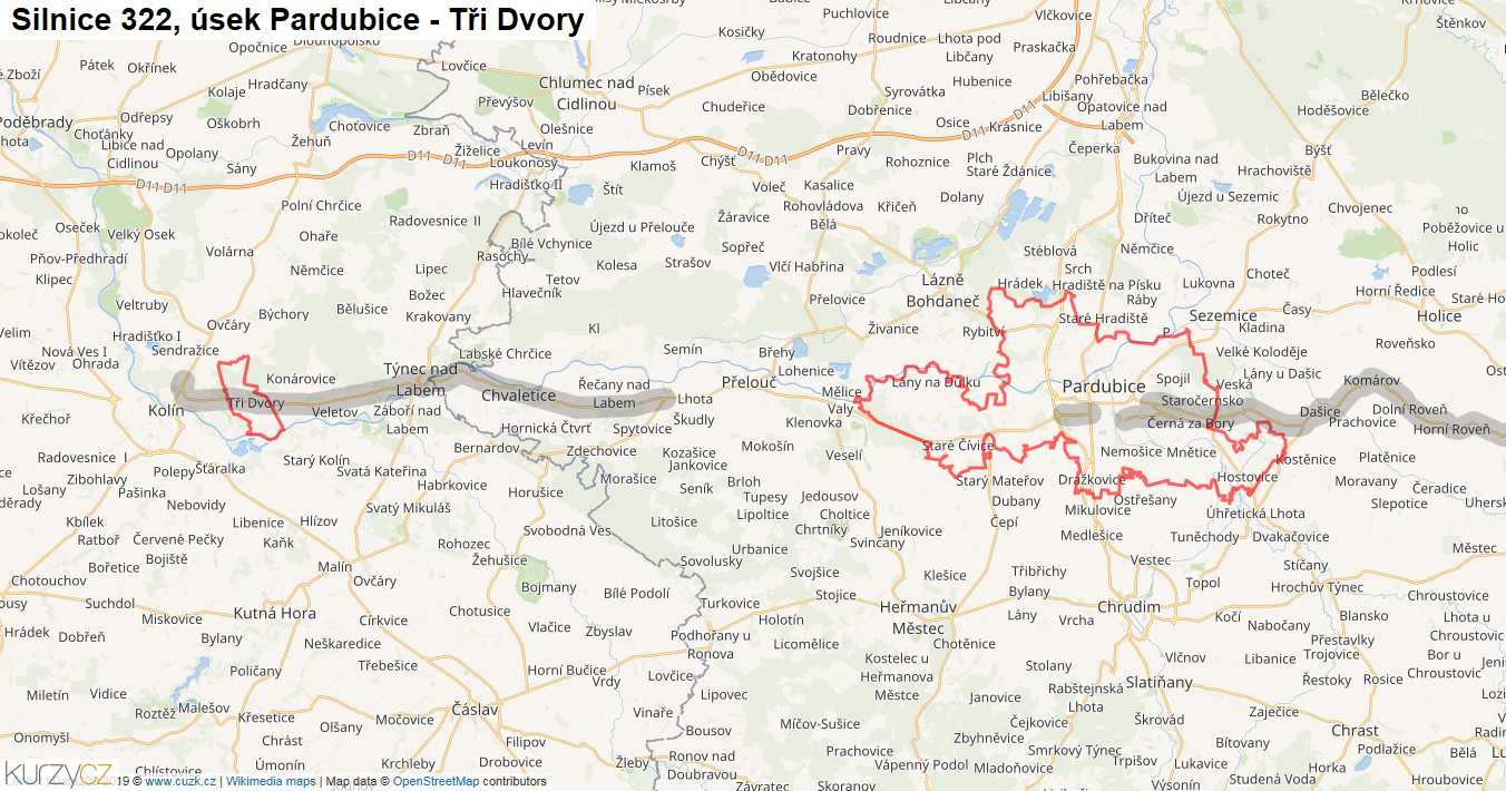 Úsek Pardubice - Tři Dvory, Silnice 322 - Mapa