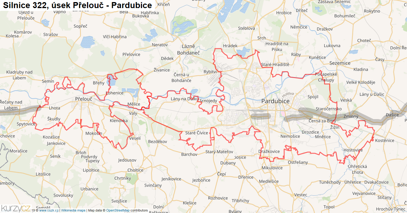Úsek Přelouč - Pardubice, Silnice 322 - Mapa