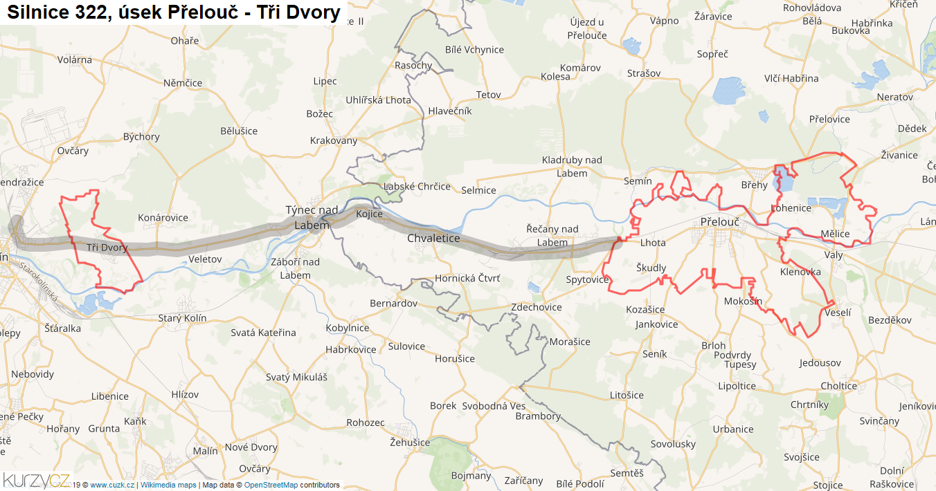 Úsek Přelouč - Tři Dvory, Silnice 322 - Mapa