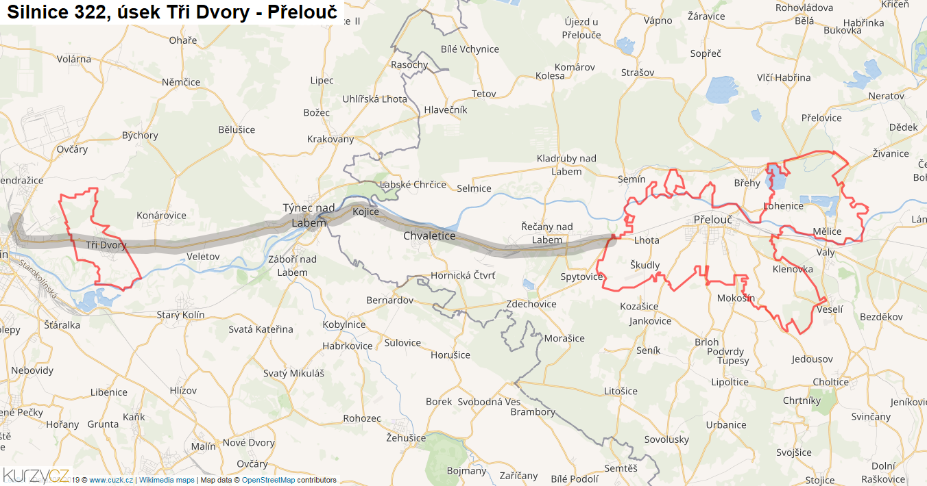 Úsek Tři Dvory - Přelouč, Silnice 322 - Mapa