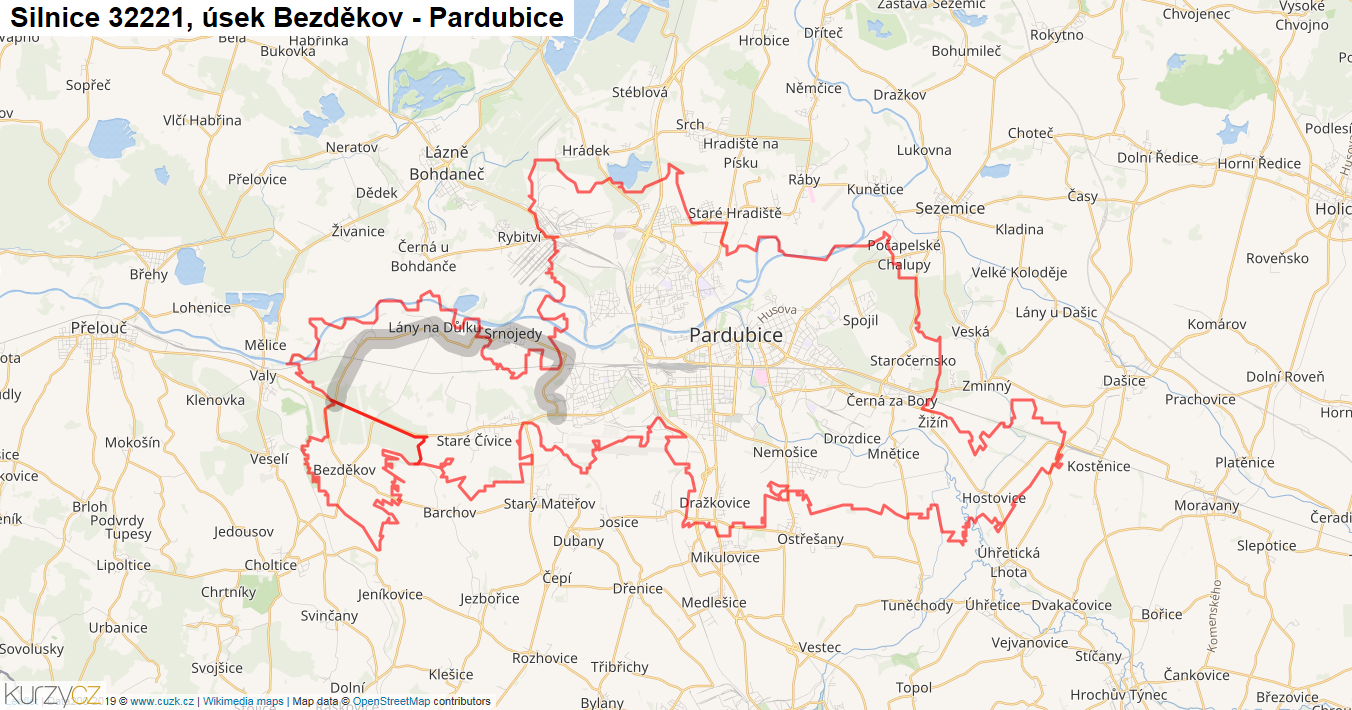 Úsek Bezděkov - Pardubice, Silnice 32221 - Mapa