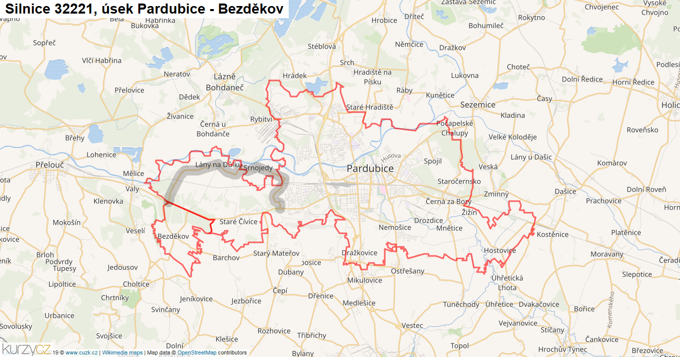 Úsek Pardubice - Bezděkov, Silnice 32221 - Mapa