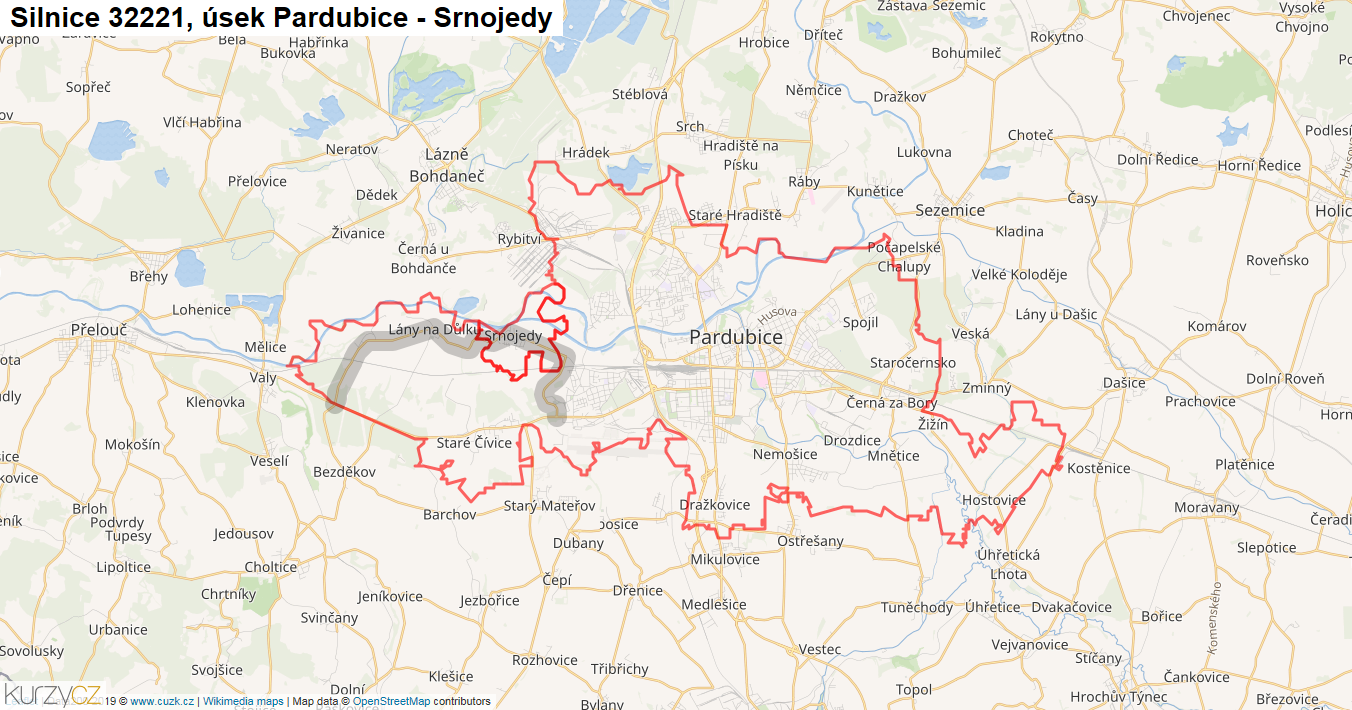 Úsek Pardubice - Srnojedy, Silnice 32221 - Mapa