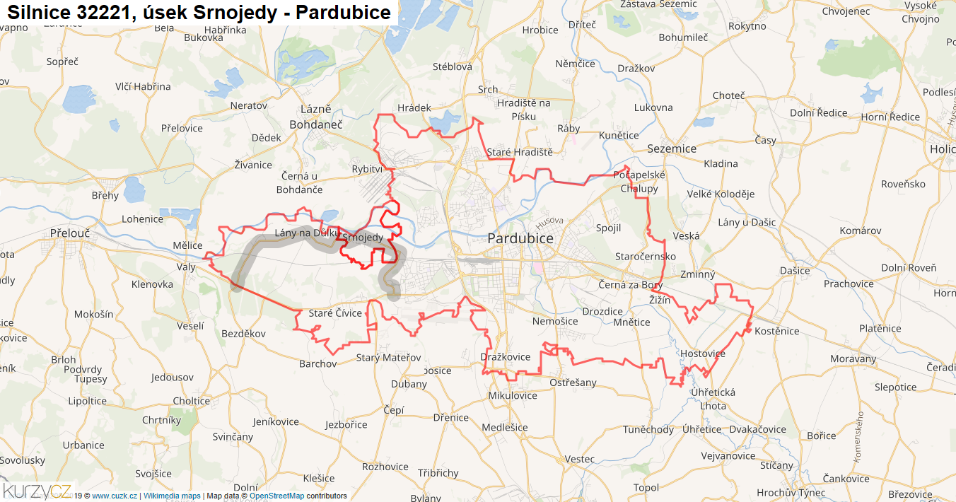 Úsek Srnojedy - Pardubice, Silnice 32221 - Mapa