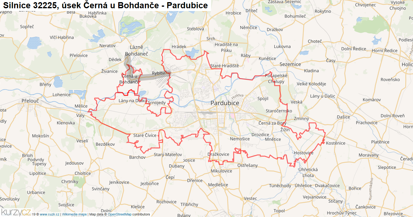 Úsek Černá u Bohdanče - Pardubice, Silnice 32225 - Mapa