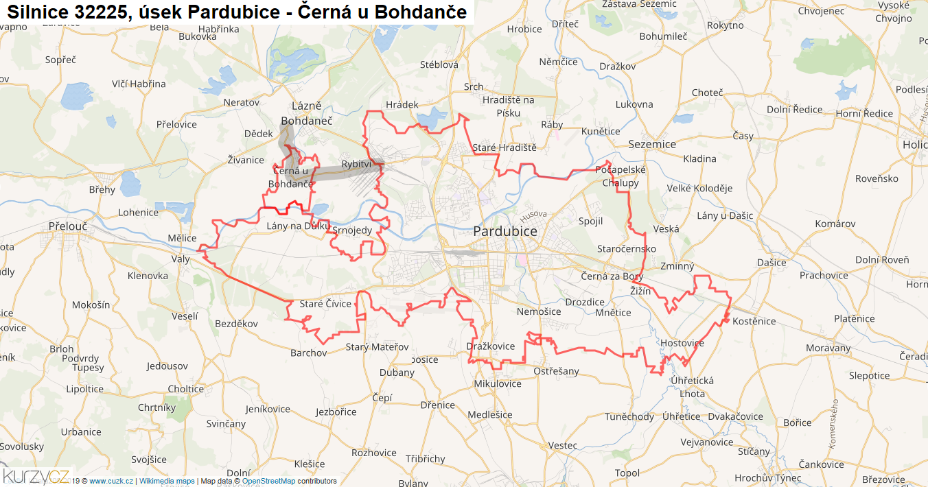 Úsek Pardubice - Černá u Bohdanče, Silnice 32225 - Mapa