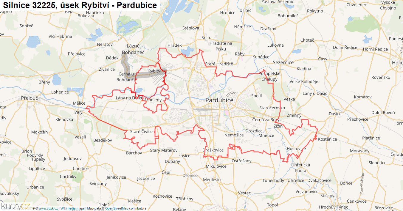 Úsek Rybitví - Pardubice, Silnice 32225 - Mapa