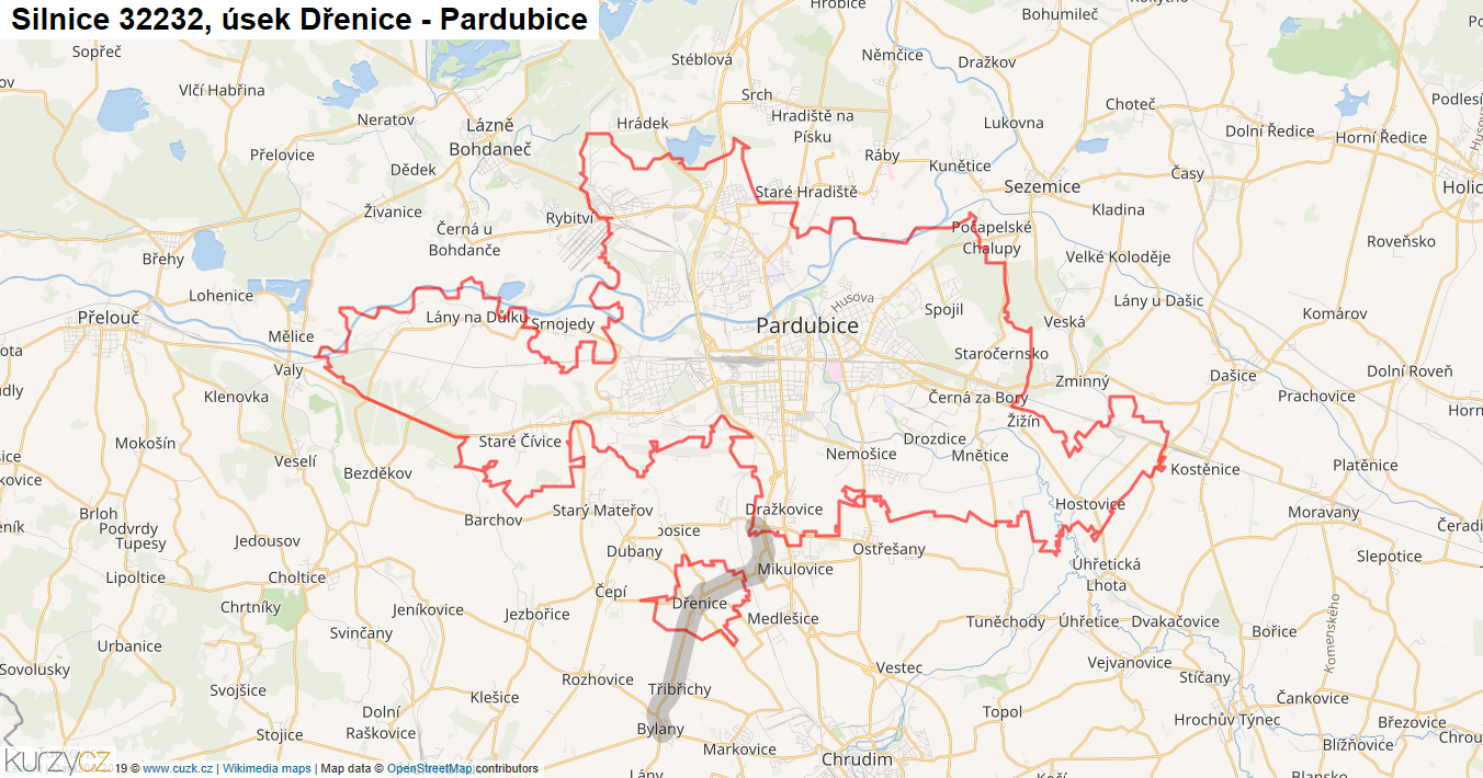Úsek Dřenice - Pardubice, Silnice 32232 - Mapa