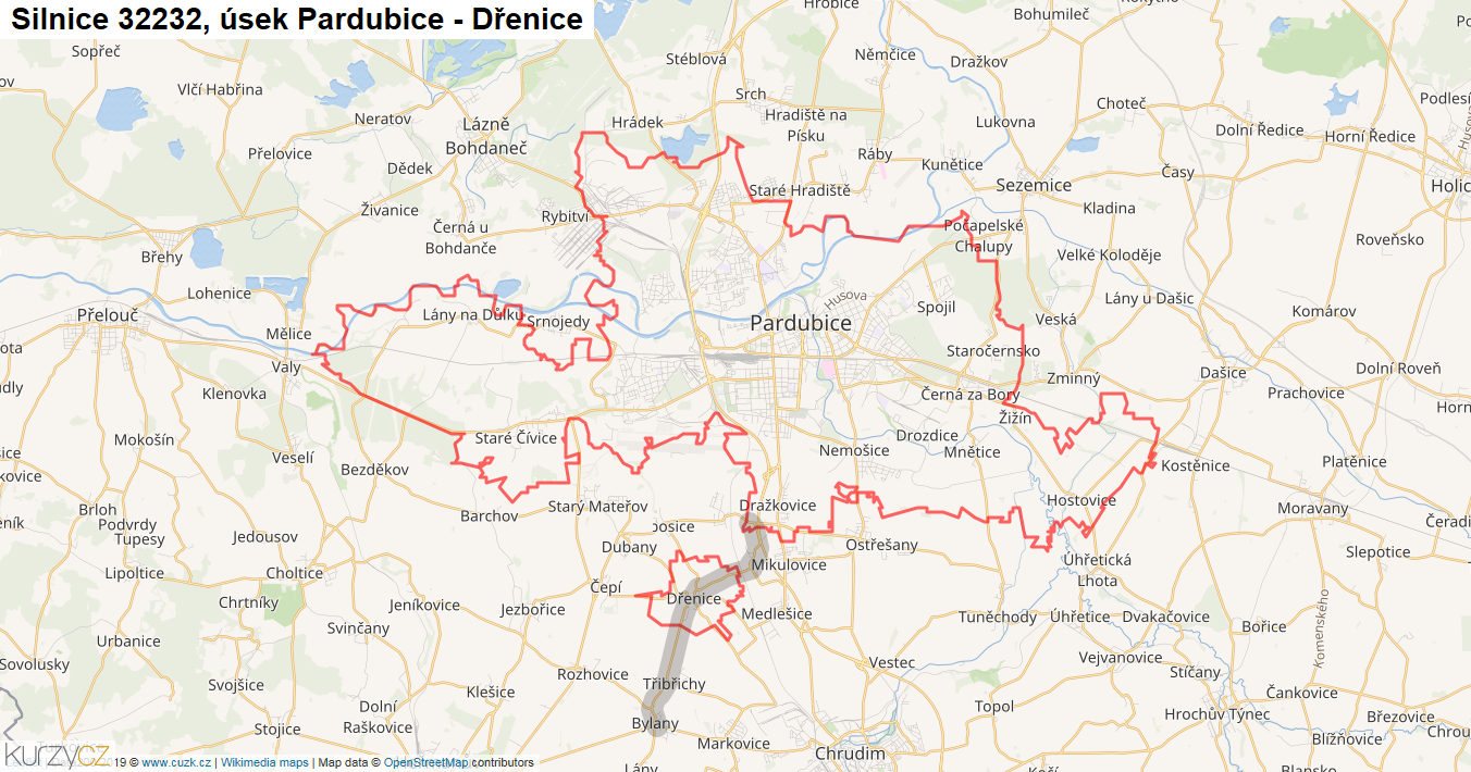 Úsek Pardubice - Dřenice, Silnice 32232 - Mapa