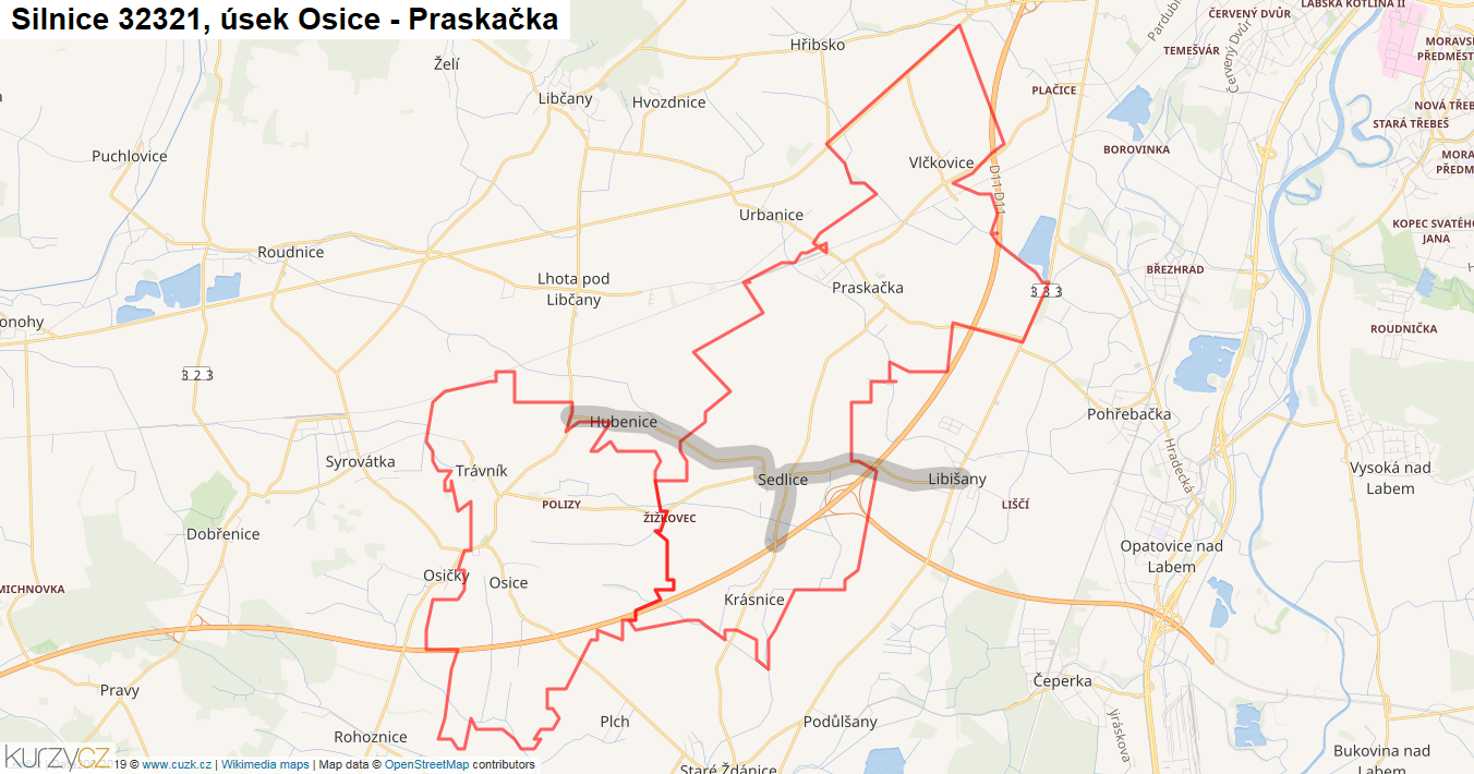 Úsek Osice - Praskačka, Silnice 32321 - Mapa