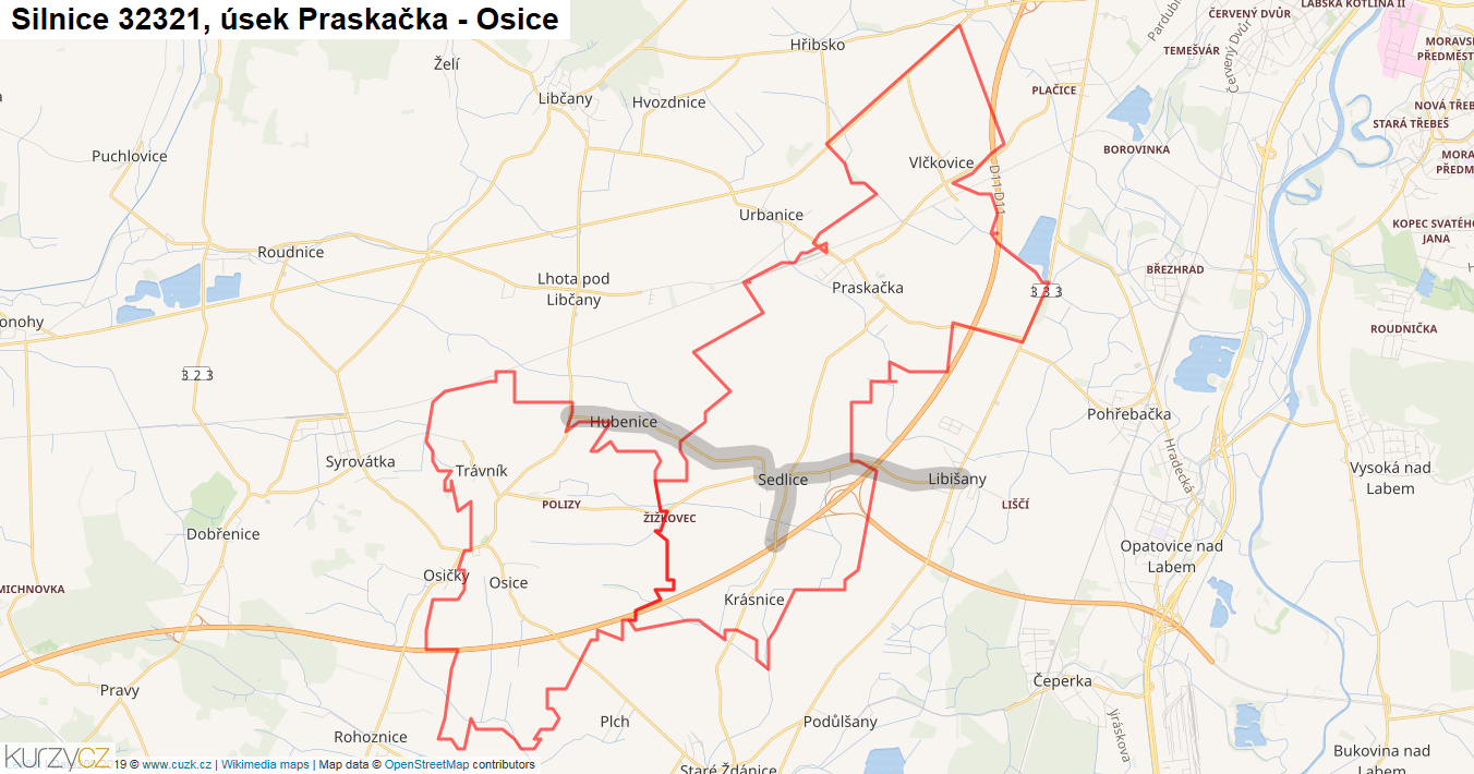 Úsek Praskačka - Osice, Silnice 32321 - Mapa