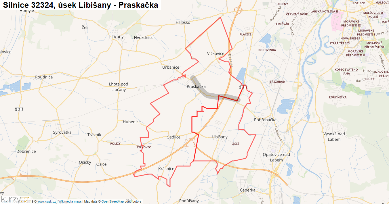Úsek Libišany - Praskačka, Silnice 32324 - Mapa
