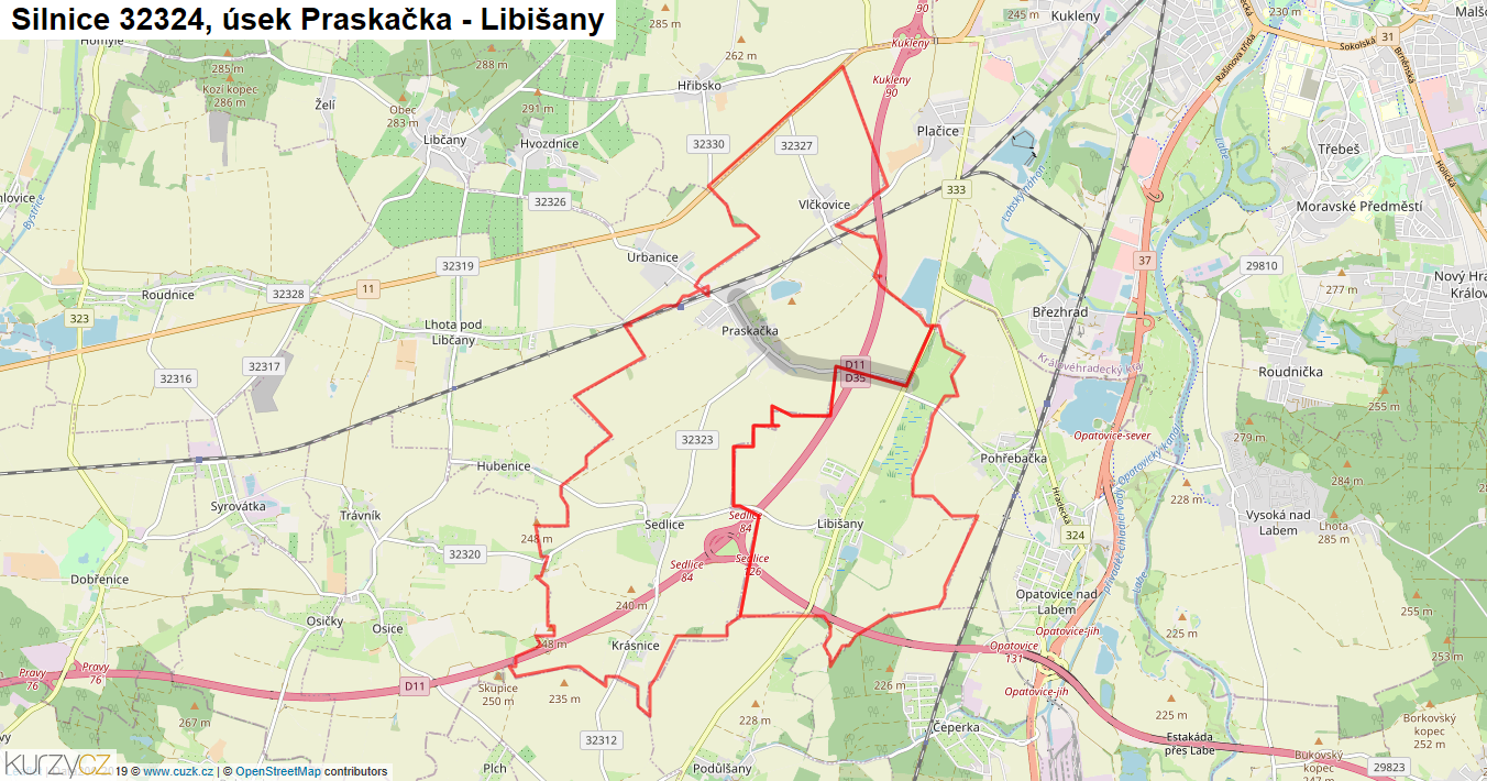 Úsek Praskačka - Libišany, Silnice 32324 - Mapa