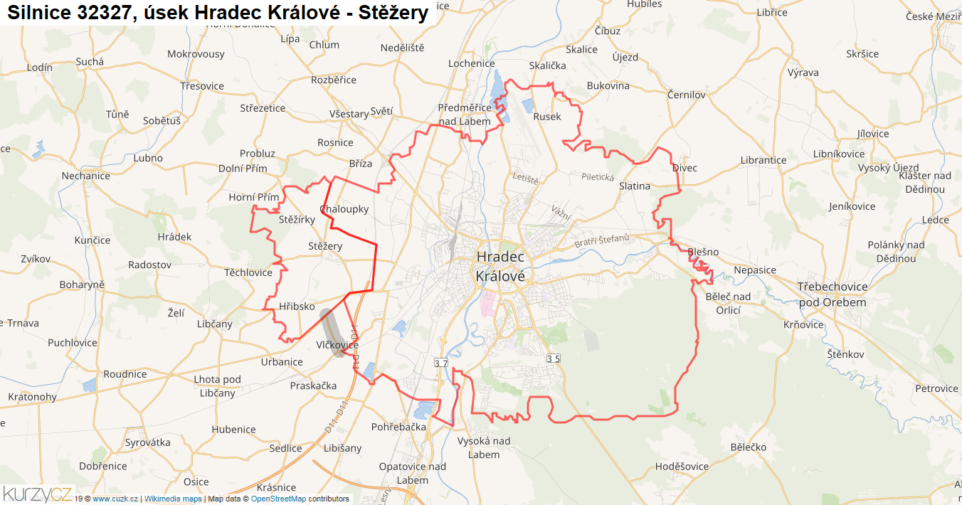 Úsek Hradec Králové - Stěžery, Silnice 32327 - Mapa