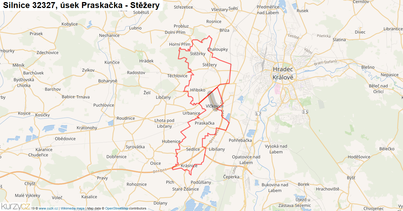 Úsek Praskačka - Stěžery, Silnice 32327 - Mapa
