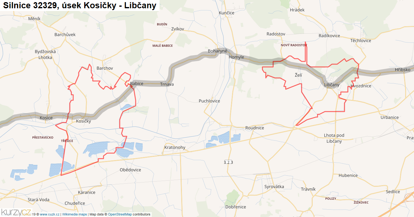 Úsek Kosičky - Libčany, Silnice 32329 - Mapa