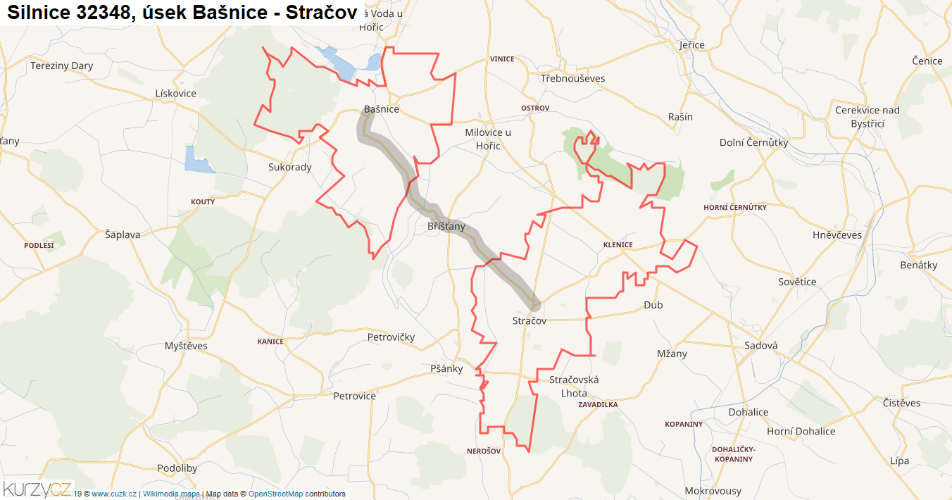 Úsek Bašnice - Stračov, Silnice 32348 - Mapa